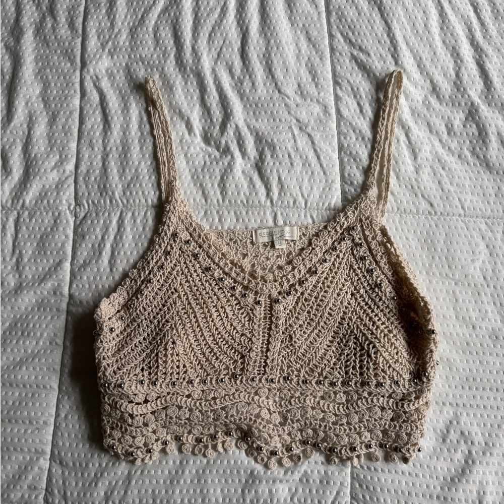 Rebellion Tan Cropped Embellished Tank Top